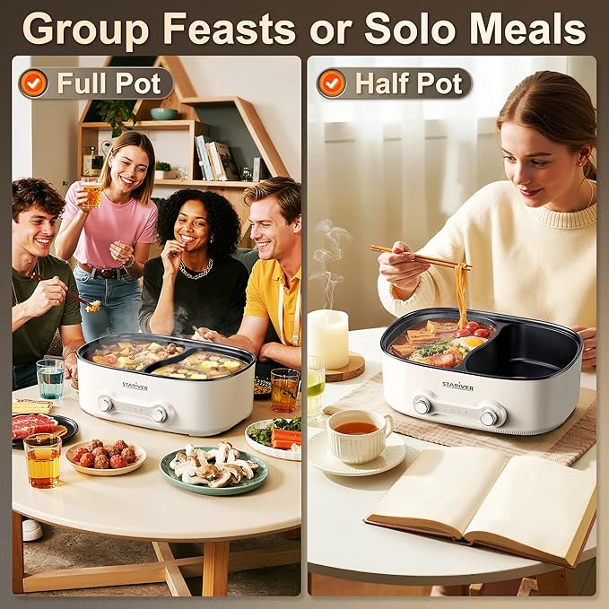 Stariver 7L Electric Hot Pot with Divider, 2-Temp Control (Separate Settings per Side) Shabu Shabu Pot, Non-Stick Hotpot Pot Electric, Perfect for Family Dinners & Parties