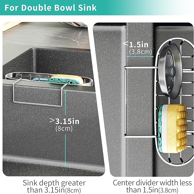 HapiRm Sponge Holder for Kitchen Sink - Rustproof Hanging Kitchen Caddy for Double-Bowl Sink, Center Divider Width Less Than 1.5in- Silver