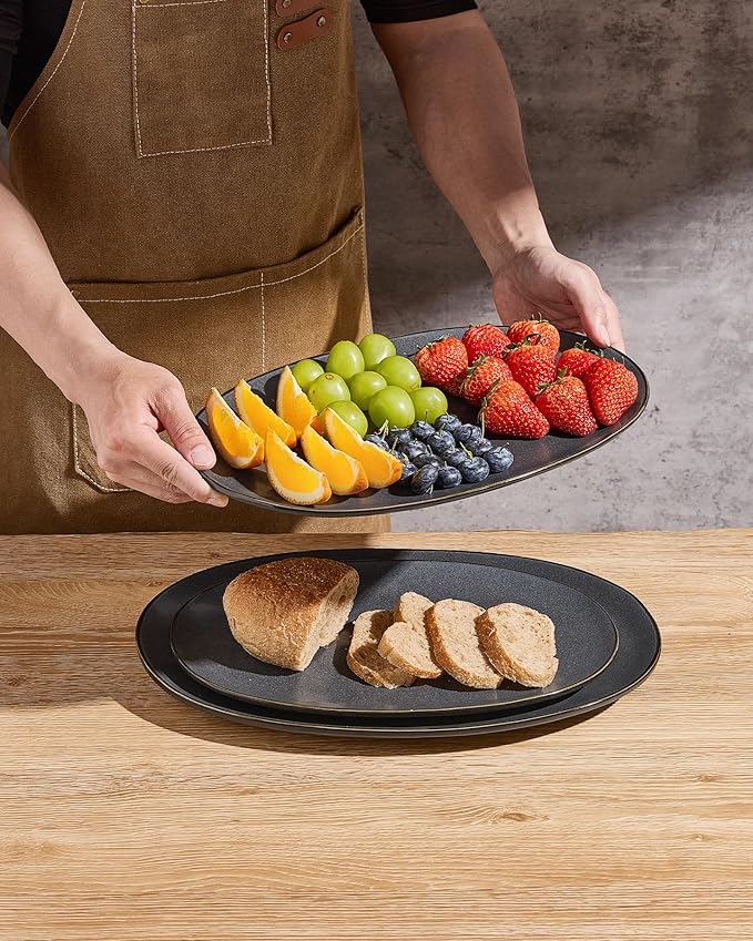 famiware Serving Platter, Oval 15.59/14.3/12.9inch Serving Dishes for Entertaining, Serving Bowls, Dishwasher Safe, Stoneware Serving Trays for Party, Food, Turkey, Reactive Glaze, Matte Dark Charcoal