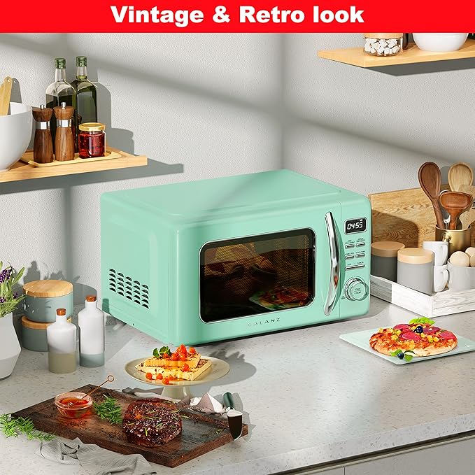 Galanz GLCMKZ11GNR10 Retro Countertop Microwave Oven with Auto Cook & Reheat, Defrost, Quick Start Functions, Easy Clean with Glass Turntable, Pull Handle, 1.1 cu ft, Green