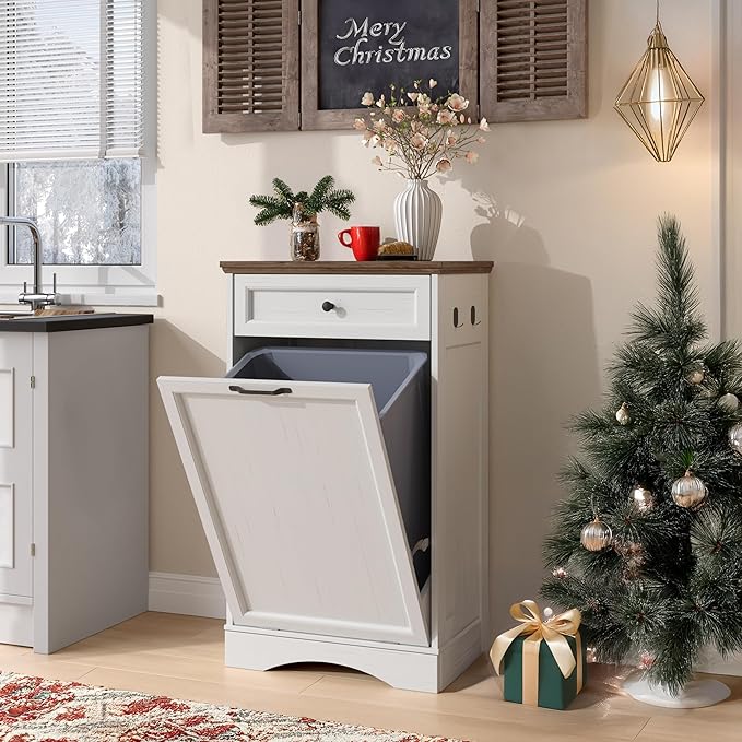 NEWOWNDS Tilt Out Trash Can Cabinet 13 Gallon Hidden Trash Garbage Can Cabinet with Drawer,Waterproof Cutting Board,Pet Proof Hidden Garbage,Laundry Bathroom, White