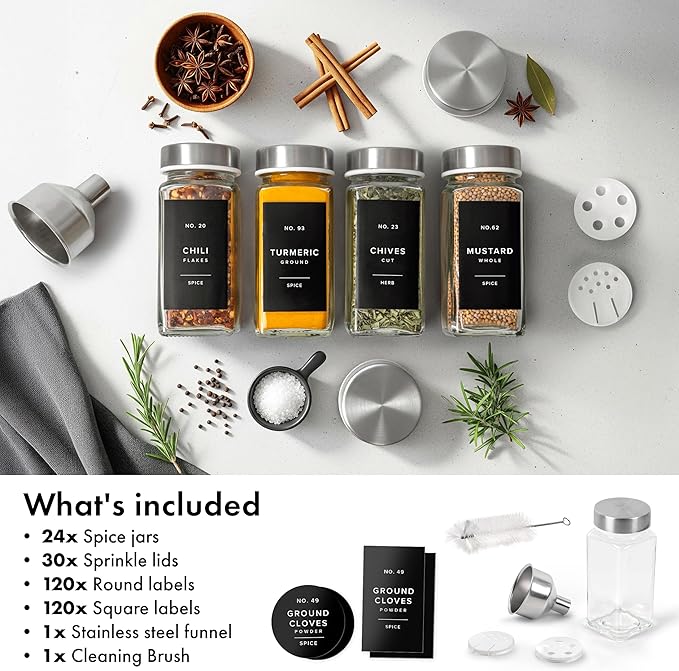 EDELHAUS Glass Spice Jars with Labels and Steel Lids (24 x 4oz) Spice Containers with 240 Label, Steel Funnel, Shaker Inserts, Empty Square Seasoning Organizer for Spice Rack, Cabinet, Drawer