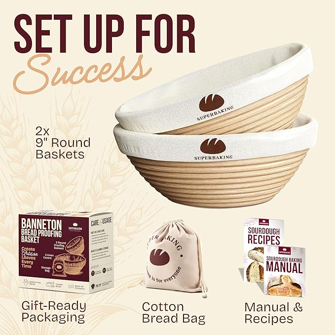 Superbaking 2 pcs Banneton Bread Proofing Basket, 9" Splinter-Free Round Rattan Bread Basket with Liners, Sourdough Starter Kit, Sourdough Bread Baking Supplies & Sourdough Kit, Bread Making Tools