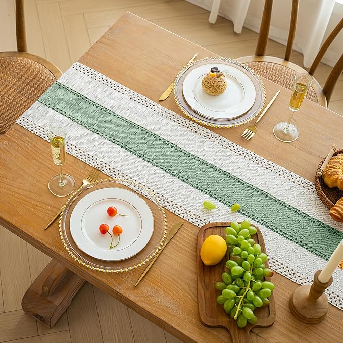 FEXIA Boho Table Runner for Home Decor with Tassels 108 Inches Long,Sage Green Farmhouse Rustic Table Runner Macrame Burlap Table Decoration for Living Room Bridal Shower(12x108 Inches)