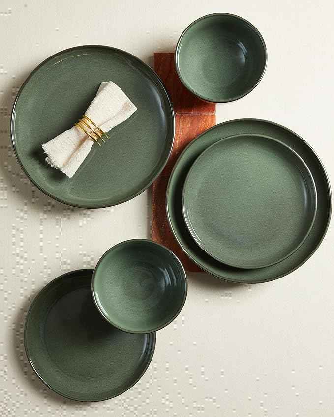 Plates and Bowls Sets for 8, 24 Piece Dinnerware Set for Large Families & Entertaining, Elegant Design, Dishwasher & Microwave Safe, Chip Resistant and Durable, Forest Green