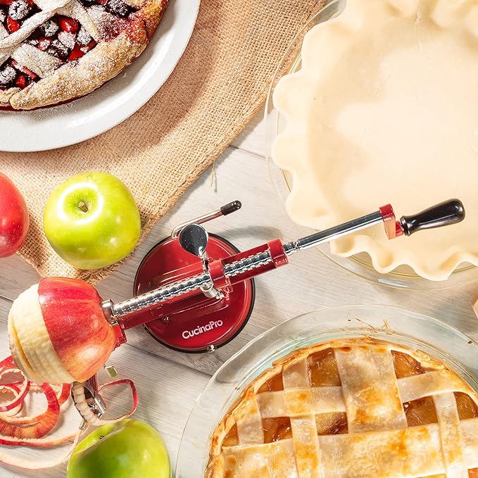 Apple Peeler and Corer- Durable Heavy Duty Chrome Cast Iron w Powerful Countertop Suction, Hand Crank for Fruits, Potatoes or Veggies, Picking Season- Pie, Treat Dessert Baking, Must Have Kitchen Tool