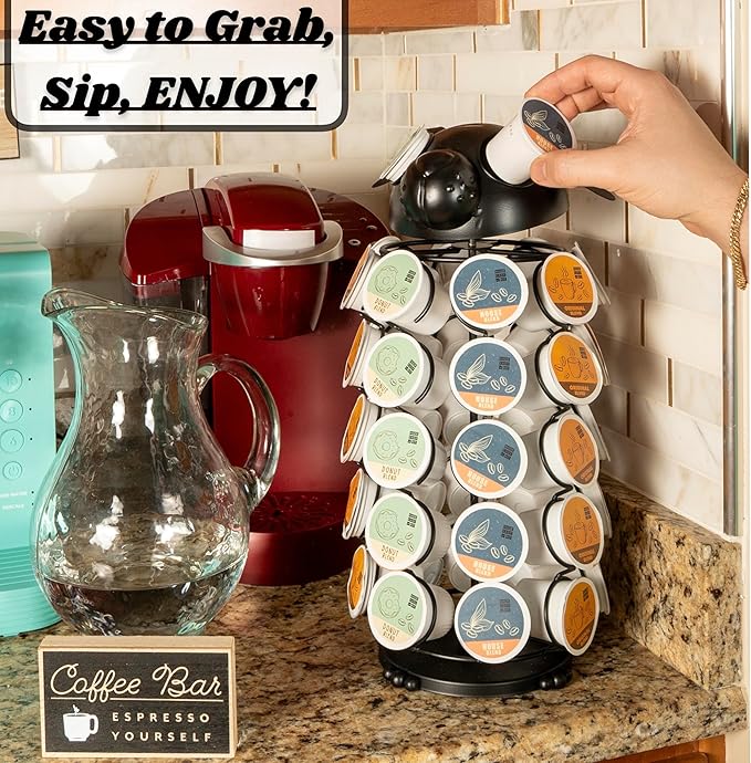 Made Easy Kit Carousel Coffee Pod Holder, Compatible with Keurig K-Pods K-Cups, Countertop Rack Storage Organizer, Metal Home and Kitchen Decor, Capsule Café Station Bar (Large, Black Dog)