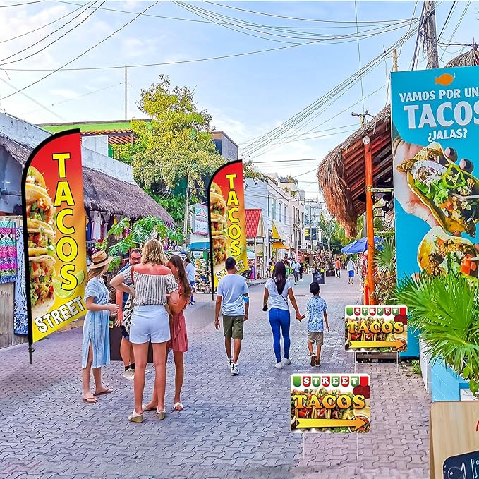 Tenceur 6 Pcs Tacos Burritos Feather Flag Kit, 1.8×5.4ft Tacos Windless Feather Banner Flag, 5 Yard Signs with Pole and Ground Stake for Restaurant Outside Store Business Markets