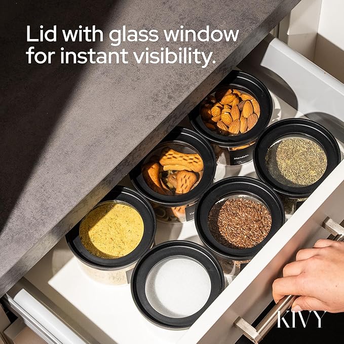 KIVY Airtight Glass Jars with Lids & Labels [3x 40oz] Stackable Glass storage jars with airtight lids - Glass Jars with airtight lid - Food Glass canisters with air tight lids - Pantry containers