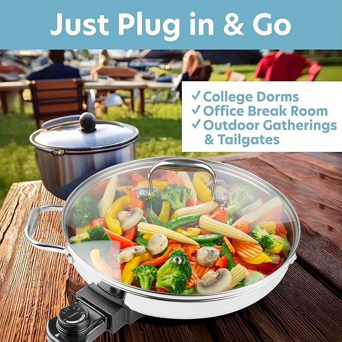 XL Electric 16" Skillet By CucinaPro- 18/10 Stainless Steel Frying Pan with Tempered Glass Lid and Handle, Round with Adjustable Temperature Control Probe, Portable, Includes Recipe Guide, Great Gift