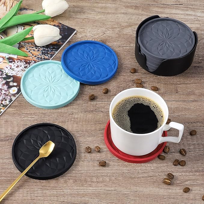 ME.FAN Silicone Coasters with Holder,[6 Pack] Drinking Coasters - Cup Mat for Hot or Cold Drinks, Thickened, Non-Slip, Non-stick,Deep Tray Olive Green