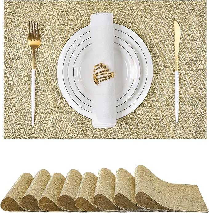 Leetaltree Gold Placemats Set of 8 - Heat Resistant Non-Slip Place mats for Dining Table, Washable Durable PVC Vinyl Woven Table Mats(Luxury Gold, 8)