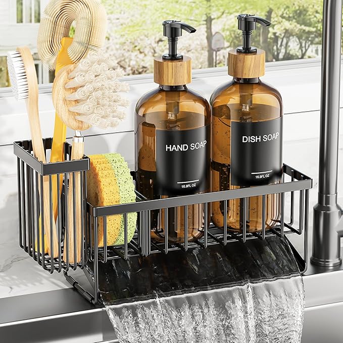 Cisily Kitchen Dish Soap Dispenser Set with 2 Pack 16.9oz Amber Glass Bottle and Sponge Holder, Dish Soap Dispensers with Adjustable Sponge Holder, Vintage Hand and Dish Soap Dispensers Set