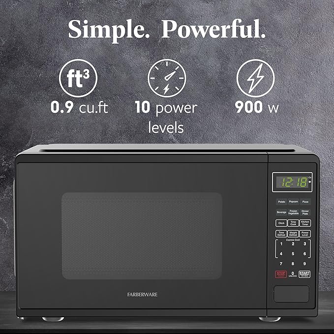 Farberware 0.9 Cu. Ft. 900-Watt Oven Auto, Defrost, & Express Cooking – Compact Countertop Microwave with Digital Display & Safety Lock, Black
