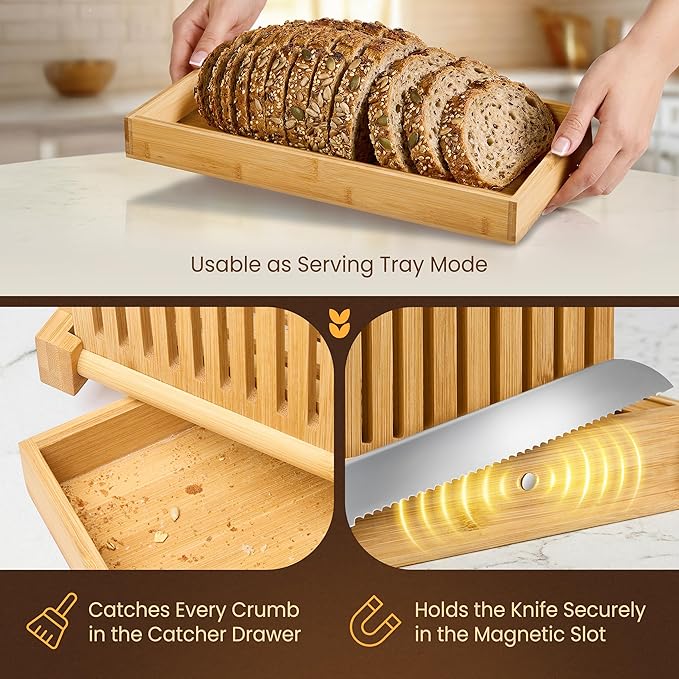 Bread Slicer Guide for Homemade Bread 2-In-1 Set: Sourdough Rounds Slicer, Sandwich Sealer | Bread Loaf Slicing, Adjustable Bamboo Bread Cutter With Knife & Magnetic slot