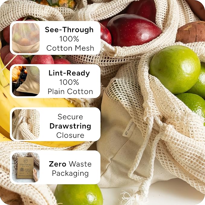 LEAFICO Reusable Produce Bags – 100% Cotton Mesh & Solid Hybrid (Medium 10x12 inch 3 Pcs) – Grocery Storage Bags for Fruit, Vegetables, Bulk Food – Washable, Plastic-Free, Breathable, Zero Waste