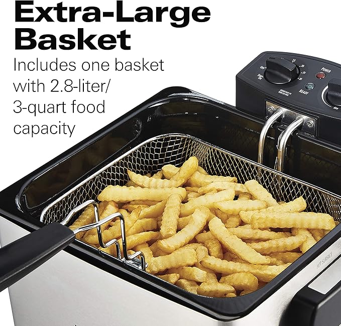 Hamilton Beach Electric Deep Fryer with Basket and Lid, 4.5 Liters / 19 Cups Oil Capacity, Temperature Control, View Window, Professional Style, 1800 Watts, Stainless Steel (35035A)