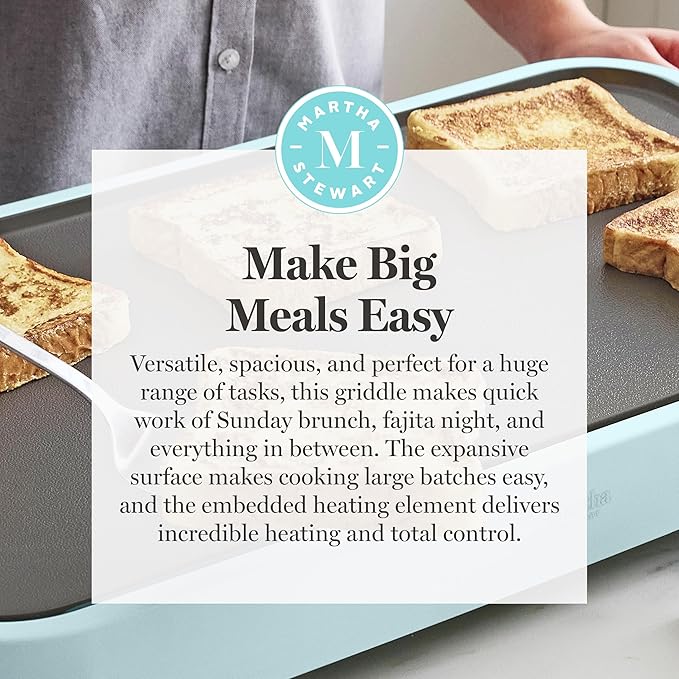 Martha Stewart 12” x 22” Electric Griddle, XL Ceramic Nonstick Flat Top Cooking Surface, Adjustable Temperature Dial, Drip Tray, Dishwasher Safe, 1500W Fast Even Heating, Pancakes & Eggs, Sky Blue