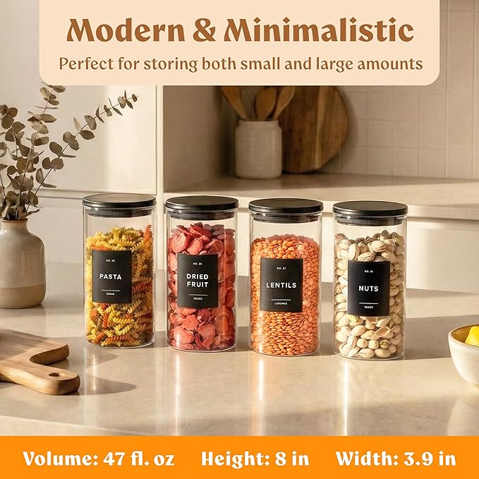 EDELHAUS Glass Storage Containers with Black Lids [4x40oz] Extra Thick Glas with 54 Labels - Canister For Pantry Noodles Flour Cereal Rice Sugar Tea Coffee Beans - Round Set
