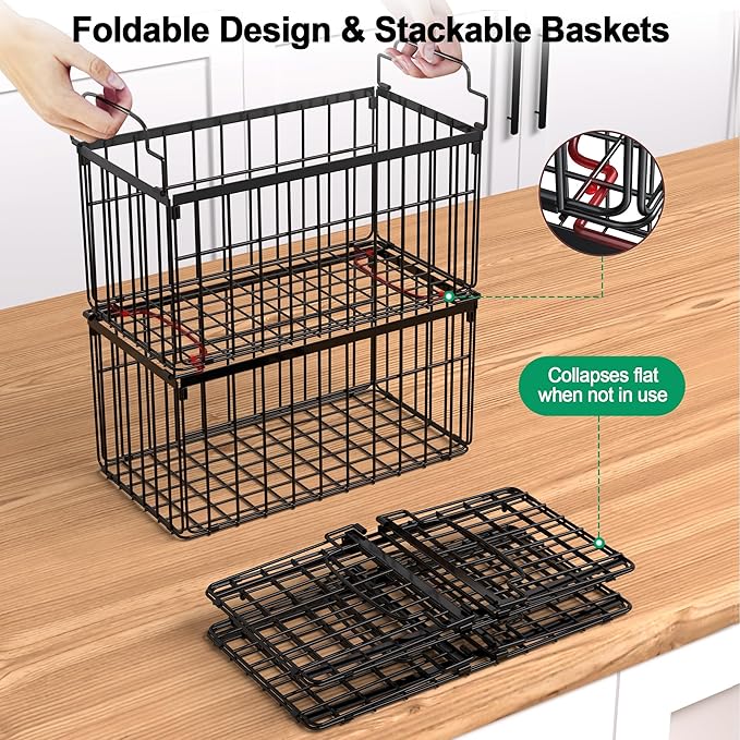 Freezer Organizer Bins, 6 Pack Stackable Deep Chest Freezer Organizer Bins, Foldable Baskets with Handles, Black Storage Container Baskets for 5/ 7 Cu.FT Deep Freezer Sort Frozen Meats