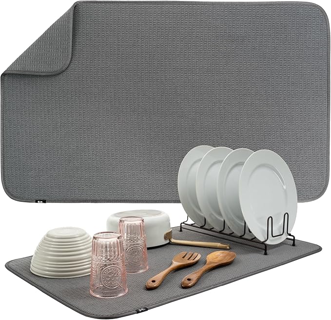 S&T INC. Dish Drying Mat 18" x 30" Charcoal and Dish Soap Dispenser Bamboo Bundle