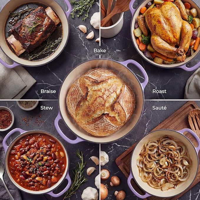 Zulay Kitchen 6 Quart Enameled Cast Iron Dutch Oven Pot with Lid – Premium Durability & Oven Safe up to 500°F – Heavy Duty Cookware Perfect for Bread Baking, Stews, Braising & Roasting - Lavender Jade
