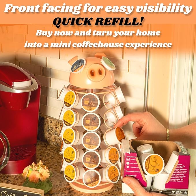Made Easy Kit Carousel Coffee Pod Holder - Compatible with Keurig K-Pods K-Cups - Countertop 360 Spin Rack Storage Organizer - Revolving Base - Capsule Café Station Bar (Pig Pink, Large)