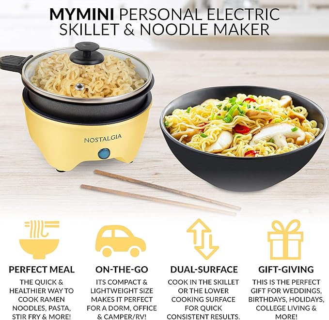 Nostalgia MyMini Personal Electric Skillet & Rapid Noodle Maker, Perfect For Healthy Keto & Low-Carb Diets, Yellow