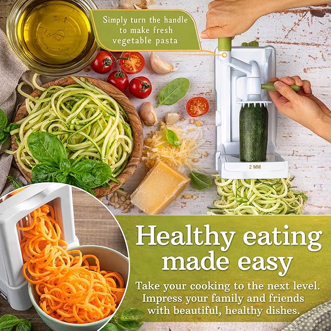 Brieftons 5-Blade Vegetable Spiralizer: Strongest-Heaviest Spiral Slicer, Best Veggie Pasta Spaghetti Maker for Low Carb/Paleo/Gluten-Free/Vegan Meals, With Extra Blade Caddy, 4 Recipe Ebooks