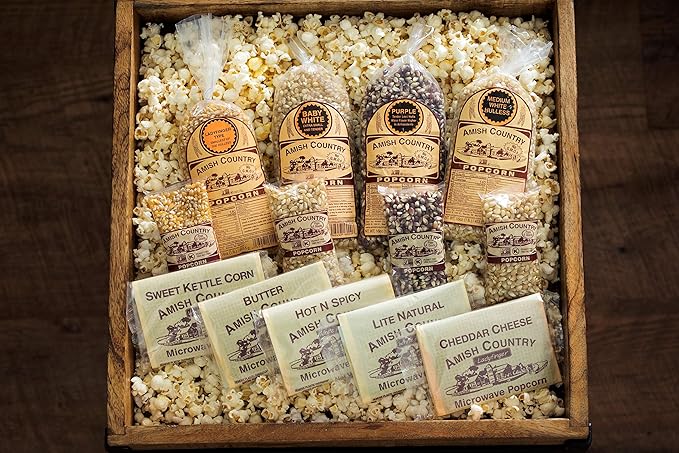 Amish Country Popcorn | Variety Sampler Pack | 4-4 oz Bags, 4-1 lb Bags and 5 Microwave Bags | Baby White, Medium White, Ladyfinger and Purple Popcorn Kernels and 5 Flavored Microwave Bags