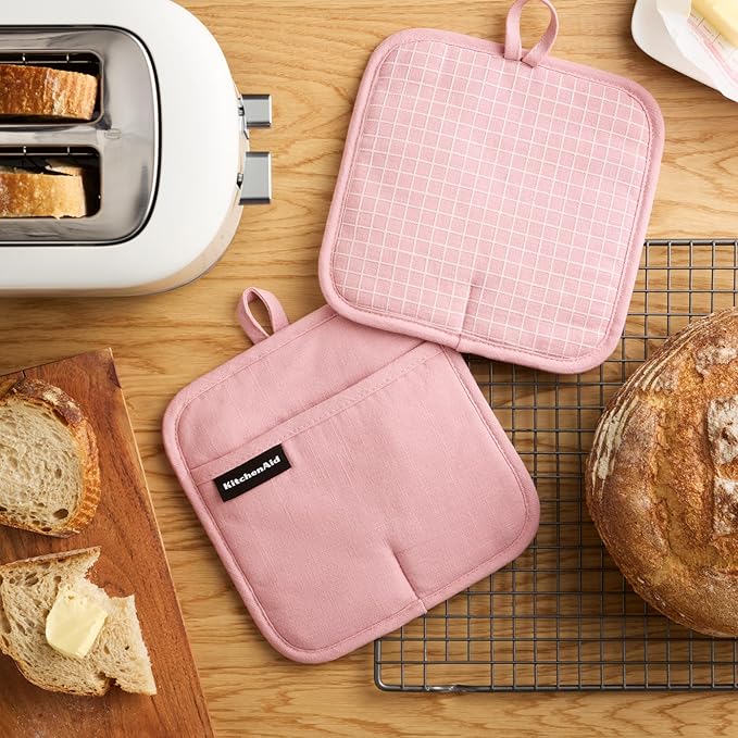 KITCHENAID Gourmet Series Gridlines Pot Holders 2-Pack Set, Heat Resistant up to 600°F, Soft Silicone Grip, Magnetic Cuff, Dried Rose, 8"x8"