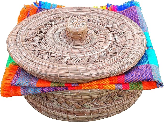 Authentic Mexican Tortilla Warmer Basket - Pine Needle Handwoven with Handloomed Cloth (Natural 9" w cloth)