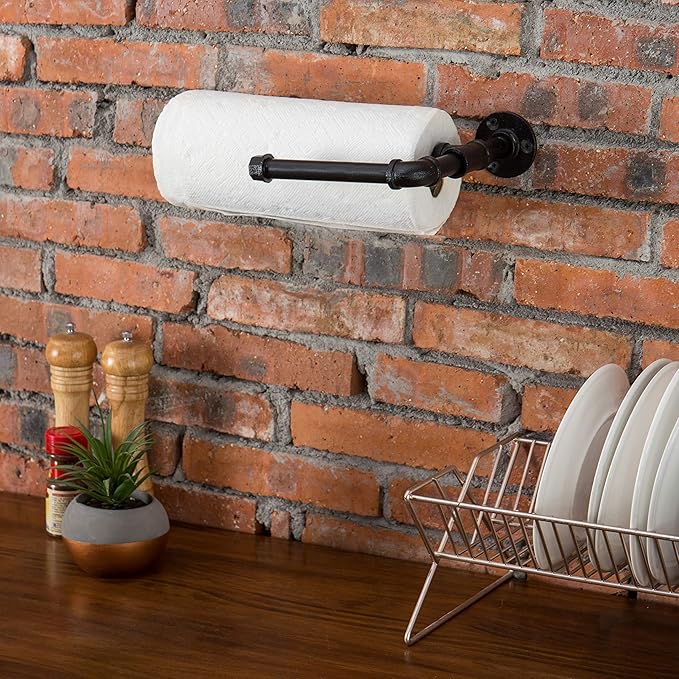 MyGift Wall-Mounted Paper Towel Holder Under Cabinet Hanging Dish Towel Rack and Paper Towel Dispenser with Industrial Metal Pipe