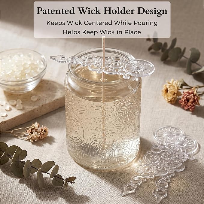 Art Secret 9-Pack 8oz Embossed Glass Candle Jars with Lids and Labels - Sun Moon Stars Design (Gray)