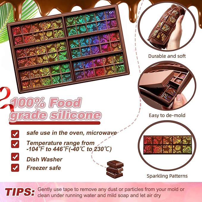 Ziliny Rose Holographic Chocolate Bar Mold Silicone, Rainbow Light Effect Chocolate Bar Deep Thick Molds for DIY Candy Dessert Baking, Candy, Wax Melts, Cake Decoration (Square)