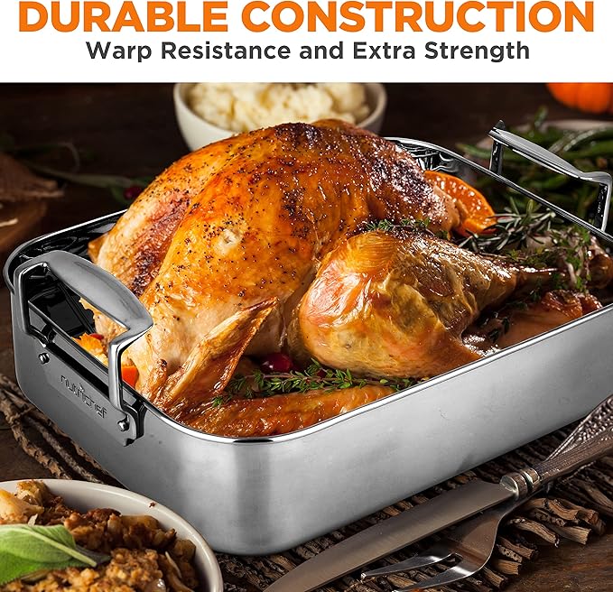 NutriChef 14-Inch Stainless Steel Kitchen Roasting Pan with Polished Wire Rack - Versatile Baking Set for Turkey, Chicken, Meats, & More - Premium & Heavy Duty Roaster for Oven w/ Built-In Handles