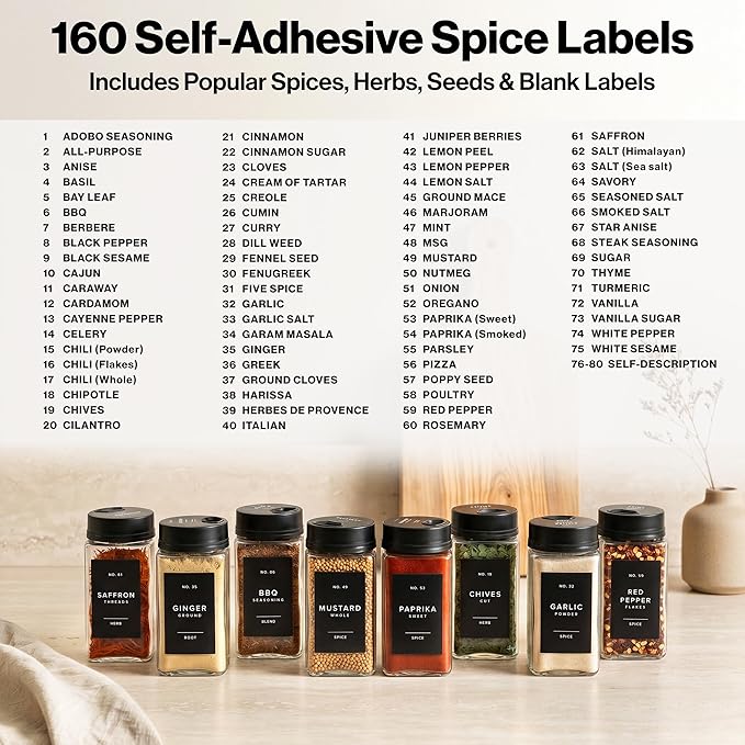 EDELHAUS Large Glass Spice Jars with Label and Black Rotating Lids (12 x 6.7 fl oz) Spice Containers with 160 Labels, Shaker Inserts, Funnel, Empty Square Containers [4.7 in × 2.2 in]