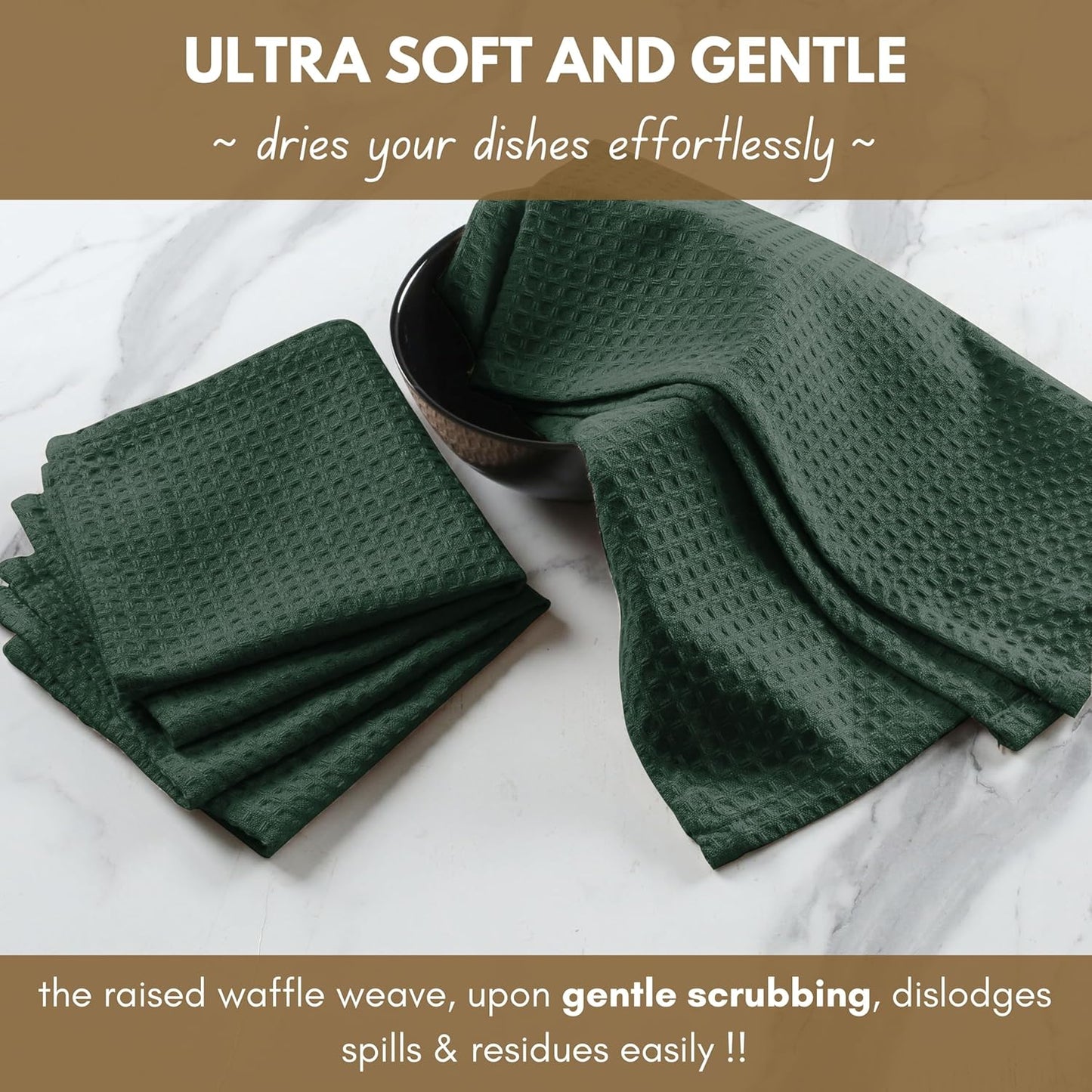 Native Fab Cotton Kitchen Towel with Hanging Loop 16x26 inches, 4-Pack, Waffle Weave Kitchen Towels for Cleaning Drying, Washcloths Soft & Absorbent Cloth Rags, Bar Towel, Dish Cloth, Olive Green