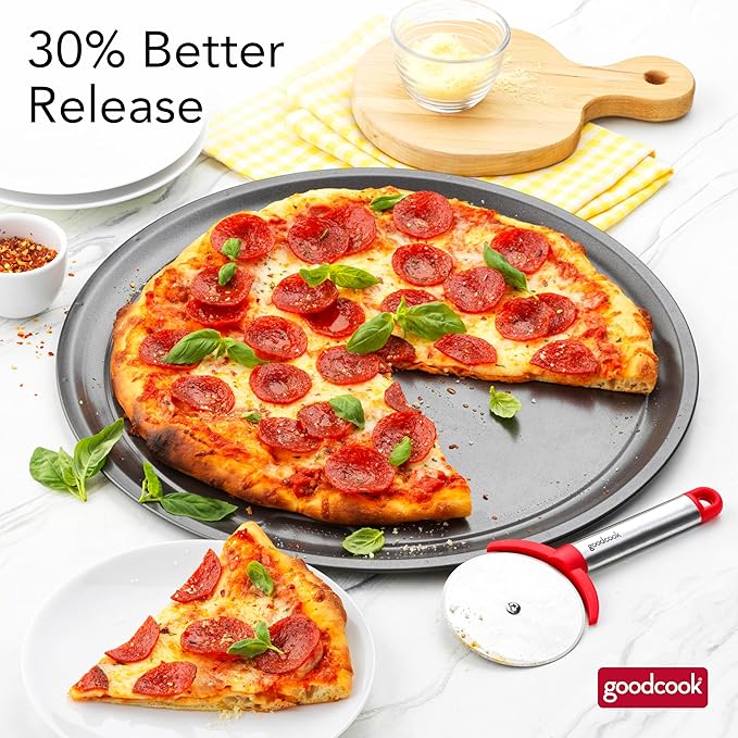 GoodCook PRO Pizza Pan Nonstick Warp & Scratch-Resistant Dishwasher-Safe Carbon Steel Construction for Even Baking Oven Safe to 480°F, 16-Inch, Gray