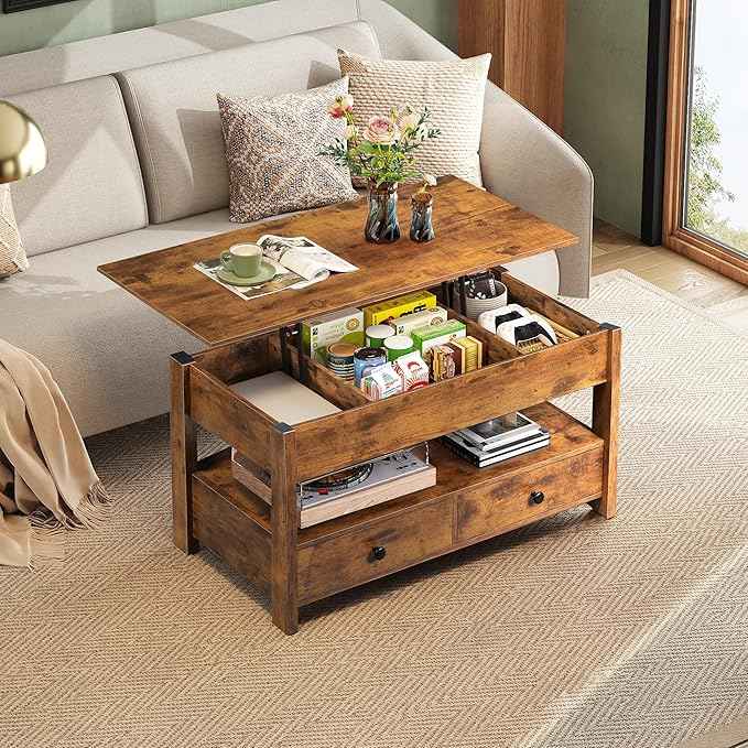 WLIVE Coffee Table, Lift Top Coffee Table with 2 Drawers, Large Hidden Compartment and Open Storage Shelf, Lift Tabletop, Dining Table for Living Room, Rustic Brown