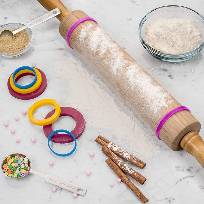 GreenOlive Rolling Pin Guide Ring Spacer Bands (8 Piece Set) Multicolored Flexible Silicone Slip On Baking Accessories Fit 1 3/4” to 2” Wide Dough Rollers