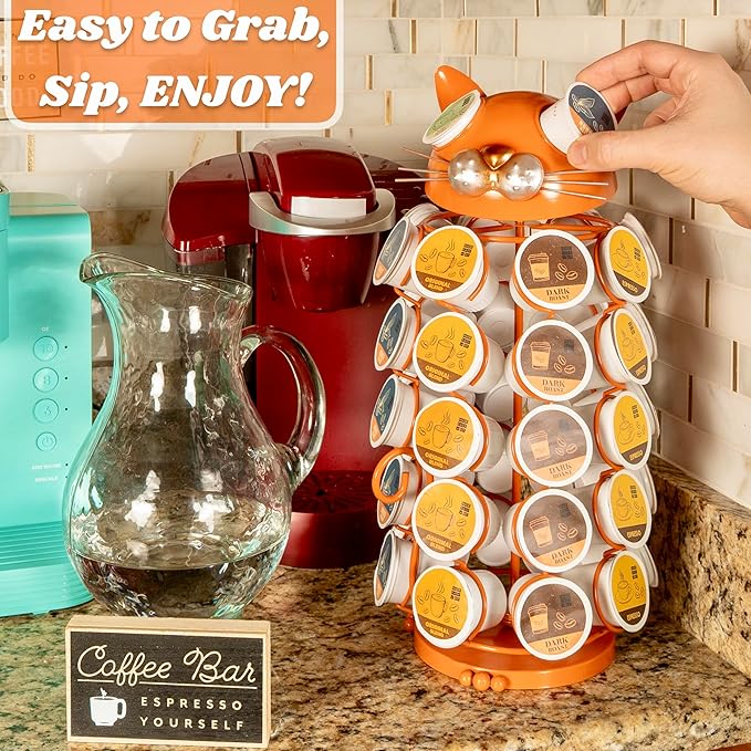 Made Easy Kit Carousel Coffee Pod Holder - Compatible with Keurig K-Pods K-Cups - Countertop 360 Spin Rack Storage Organizer - Revolving Base - Capsule Café Station Bar (Cat Orange, Small)