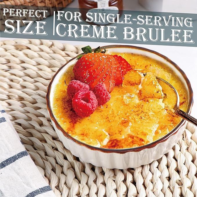 ONEMORE Ramekins 4 oz - Oven Safe Shallow Ramekins with Brown Rim for Creme Brulee - Speckled, Fluted, Set of 6