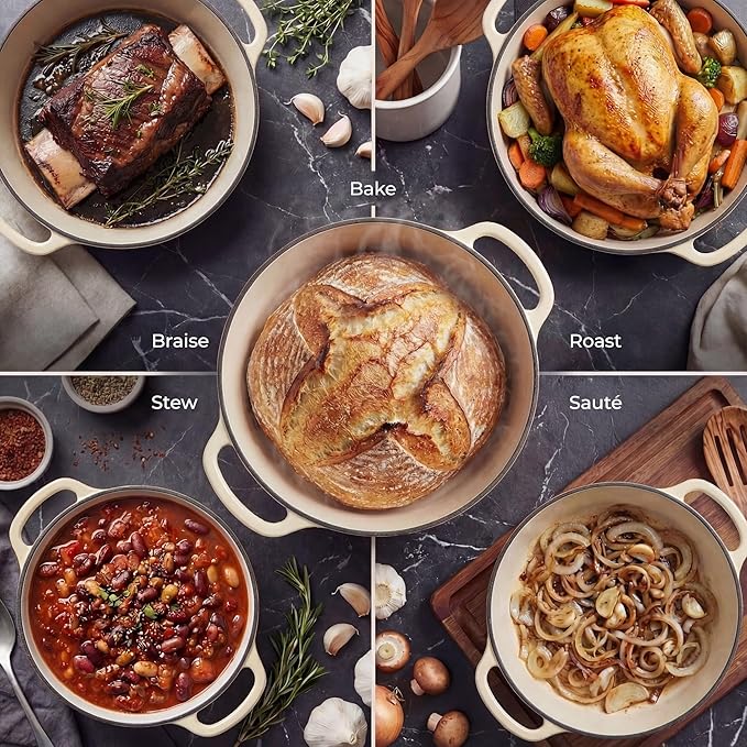 Zulay Kitchen 7.7 Quart Enameled Cast Iron Dutch Oven Pot with Lid – Premium Durability & Oven Safe up to 500°F – Heavy Duty Cookware Perfect for Bread Baking, Stews, Braising & Roasting – Ivory