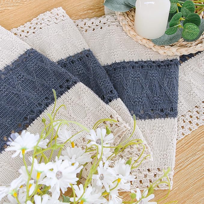 FEXIA Boho Table Runner 108 Inches Long for Home Decor Farmhouse Table Runner Cream & Blue Rustic Macrame with Tassels for Bohemian Dining Bedroom Decor Bridal Shower (12x108 Inches)