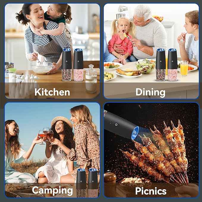 Rechargeable Electric Salt and Pepper Grinder set of 2, gravity electric salt and pepper grinder set, Adjustable Roughness, LED Light, 2 Pack, (Black)