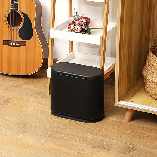 12L Black Slim Bathroom Trash Can with Press Top Lid,3.17 Gallon Pet/Dog Proof Kitchen Trash Can,Thin Garbage Can,Covered Wastebasket,Narrow Small Plastic Trashcan for Craft Room,Bedroom,Office,Dorm