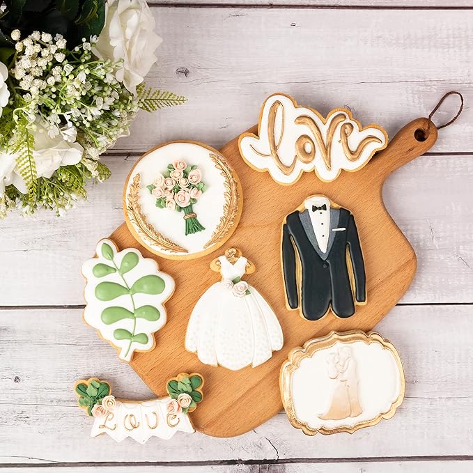 Flycalf Love Cookie Cutters Set of 7 with Plunger Stamps Holiday Gifts Baking Cake PLA Kitchen Diamond Love Ring Shapes for Kids 3" Mold Supplies Biscuit Tools