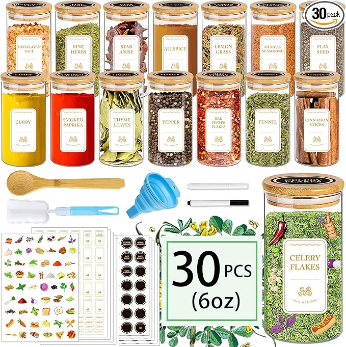 BGraceyy Spice Jars with Labels, 30Pcs 6oz Glass Spice Jars with Bamboo Lids, Minimalist Stackable Airtight Spice Containers with 426 labels for Kitchen Seasoning, Tea, Herbs, Coffee, Sugar,Shells