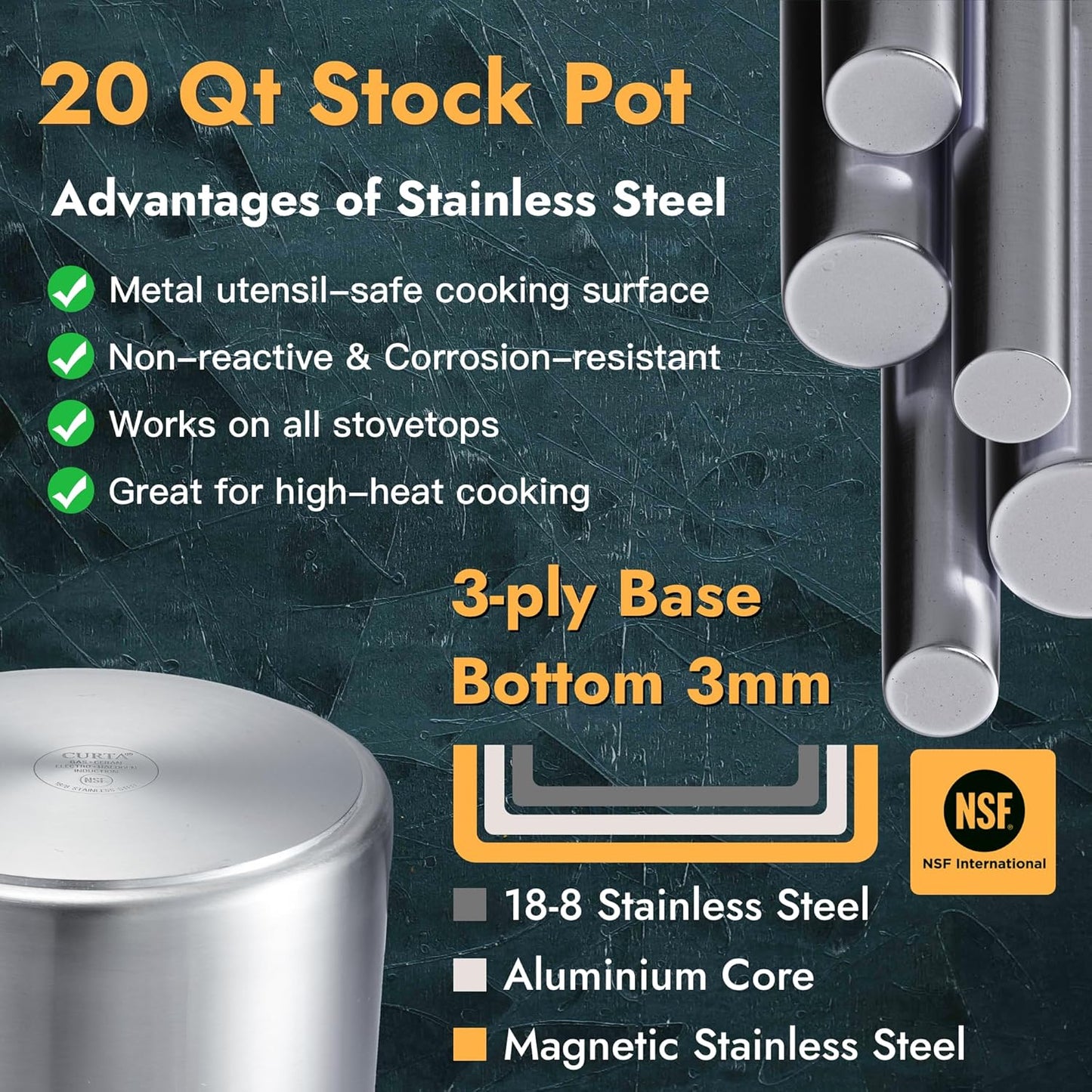 CURTA 20 Quart Large Stock Pot with Lid, NSF Listed, 3-Ply 18/8 Stainless Steel Cooking Pot, Commercial Cookware for Soup, Stew & Sauce, Riveted Silicone Handle